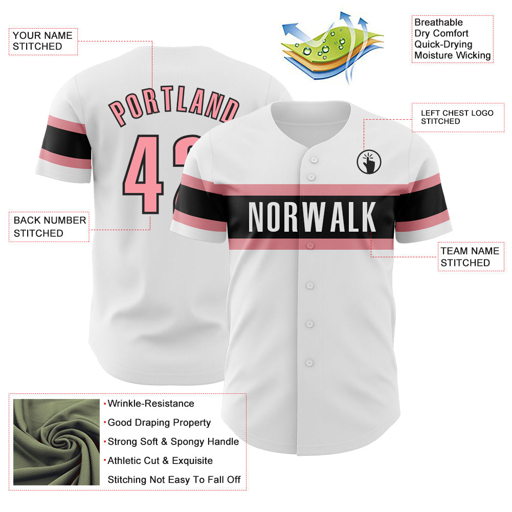 Custom White Medium Pink-Black Authentic Baseball Jersey view 3