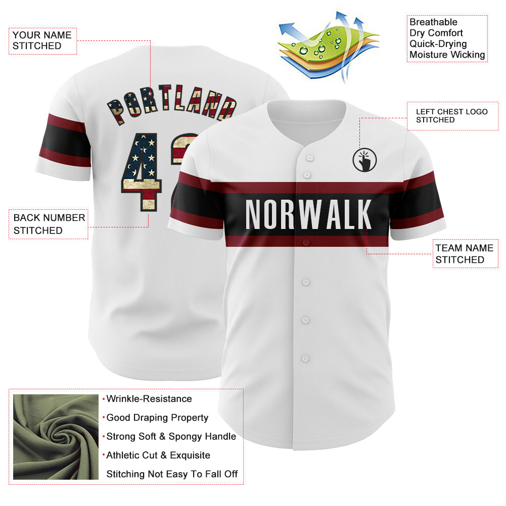 Custom White Vintage USA Flag Black-Maroon Authentic Baseball Jersey view 3