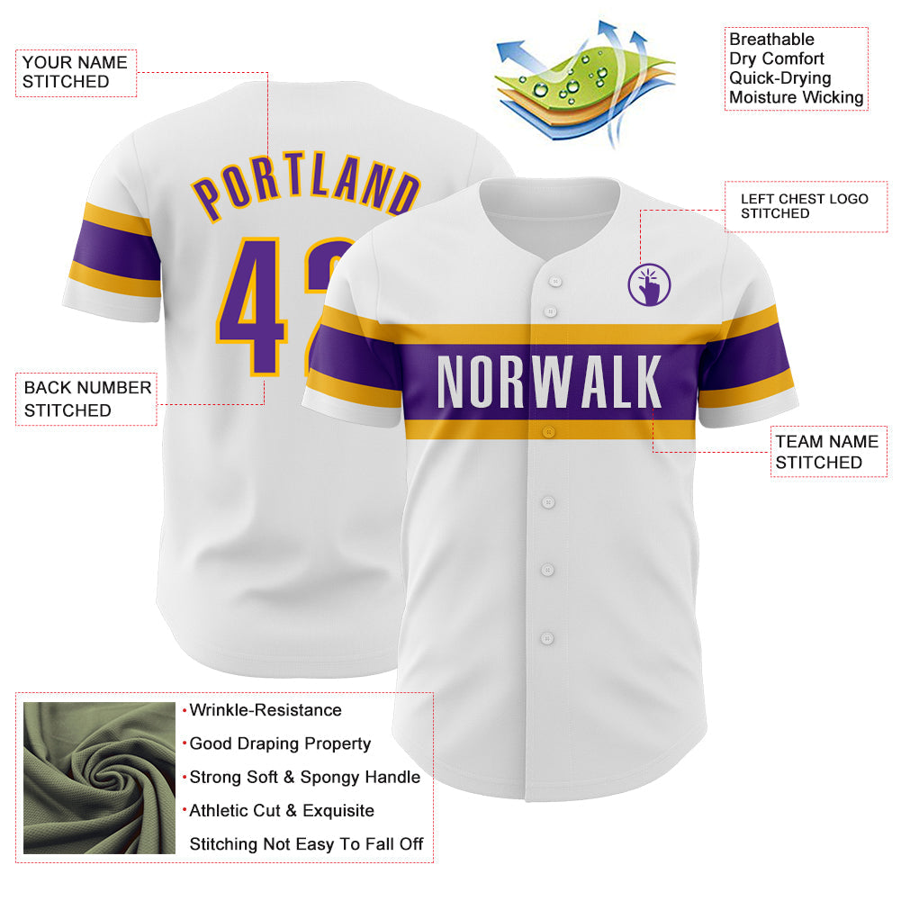 Custom White Purple-Gold Authentic Baseball Jersey view 3