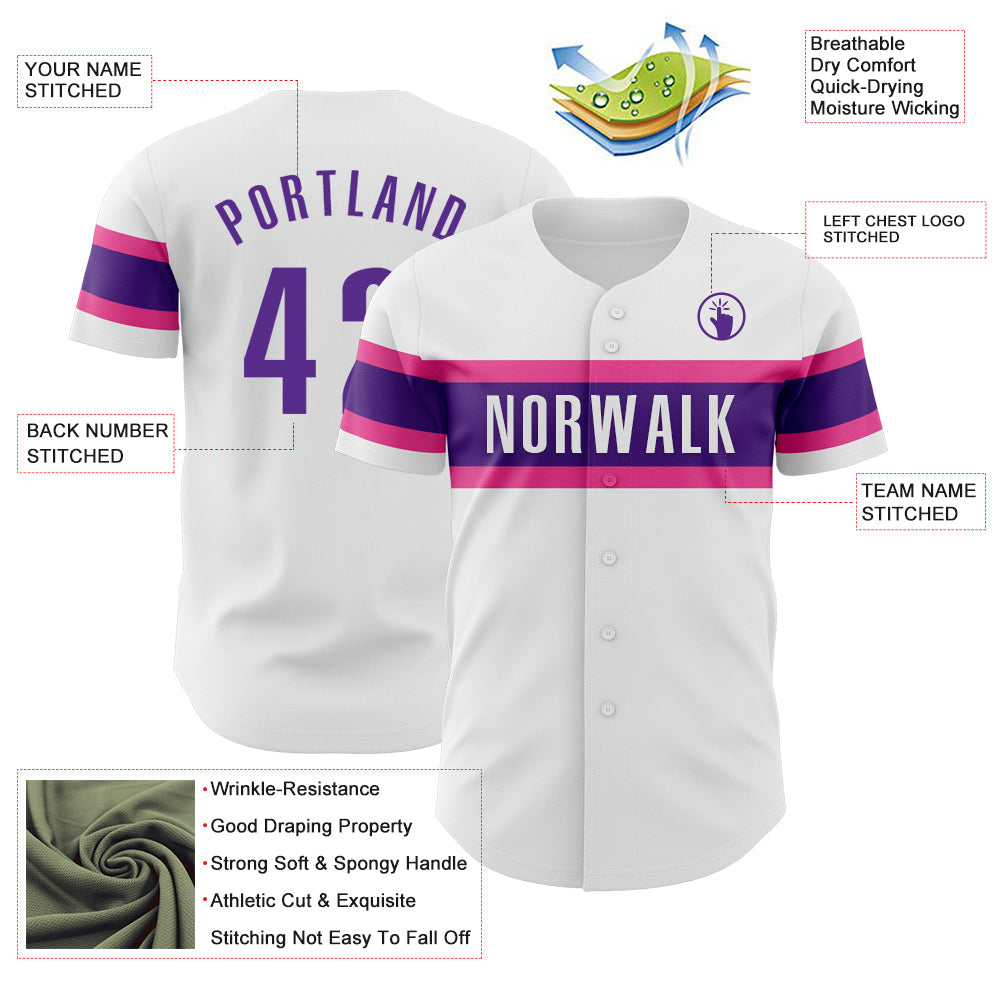 Custom White Purple-Pink Authentic Baseball Jersey view 3