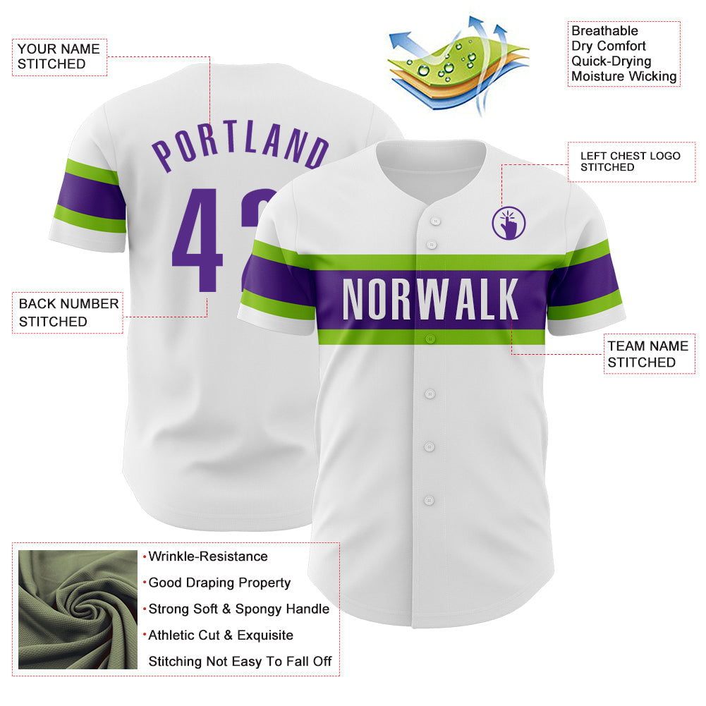 Custom White Purple-Neon Green Authentic Baseball Jersey view 3