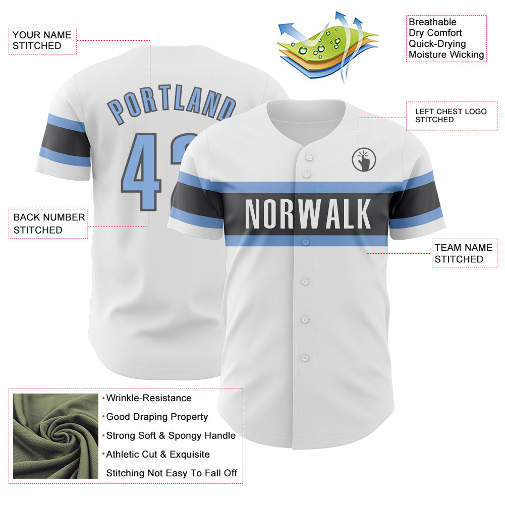 Custom White Light Blue-Steel Gray Authentic Baseball Jersey view 3