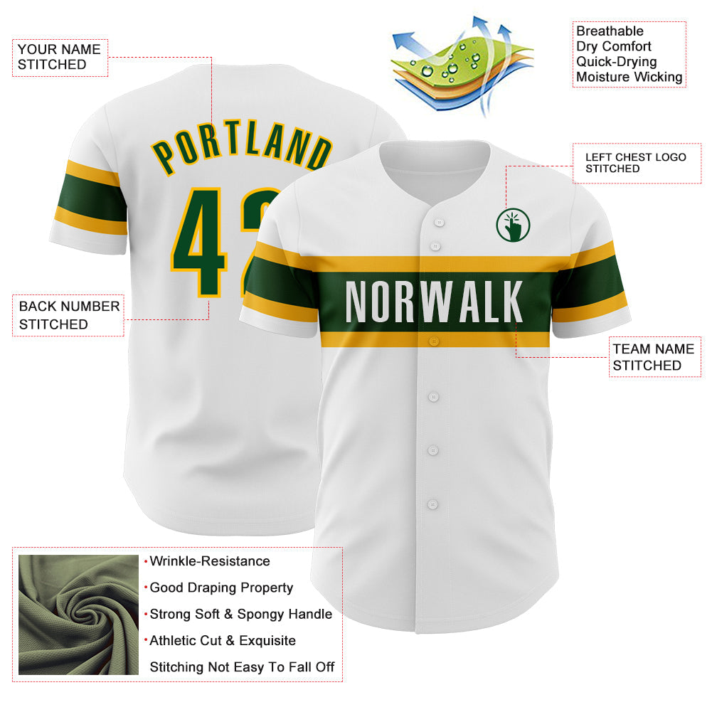Custom White Green-Gold Authentic Baseball Jersey view 3