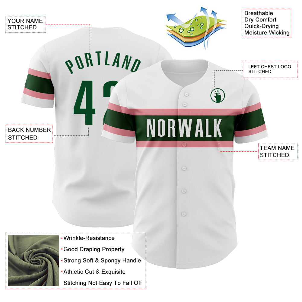 Custom White Green-Medium Pink Authentic Baseball Jersey view 3