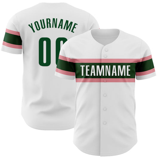 Custom White Green-Medium Pink Authentic Baseball Jersey - Main View