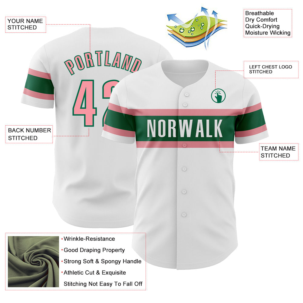 Custom White Medium Pink-Kelly Green Authentic Baseball Jersey view 3