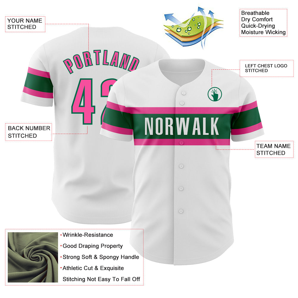 Custom White Pink-Kelly Green Authentic Baseball Jersey view 3