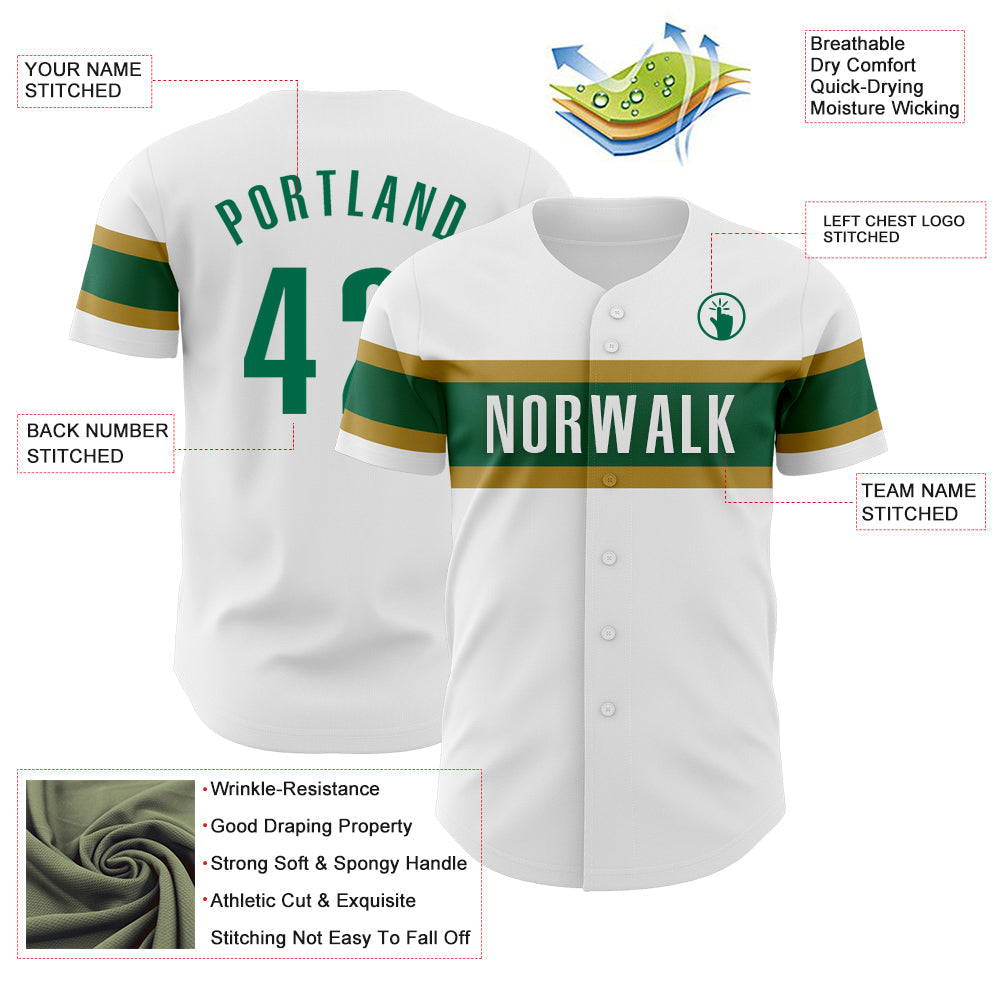 Custom White Kelly Green-Old Gold Authentic Baseball Jersey view 3