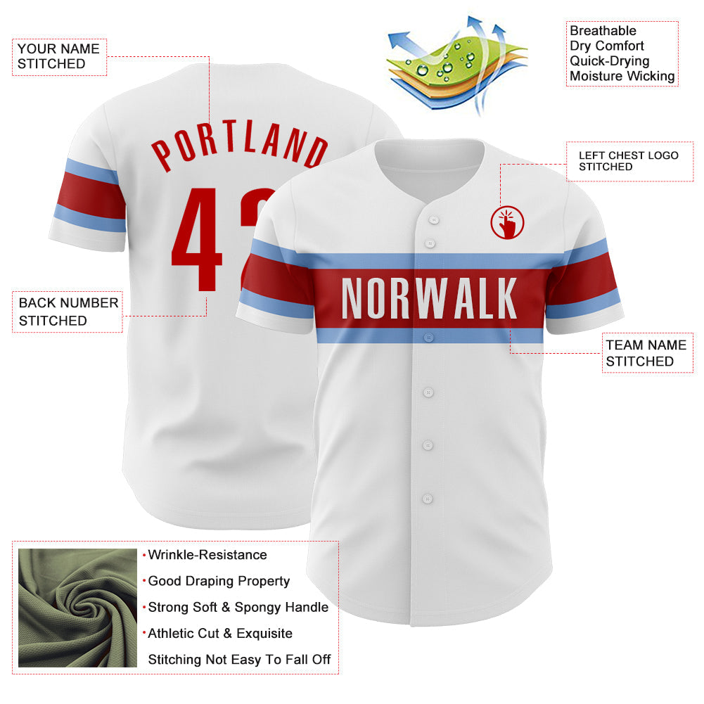 Custom White Red-Light Blue Authentic Baseball Jersey view 3