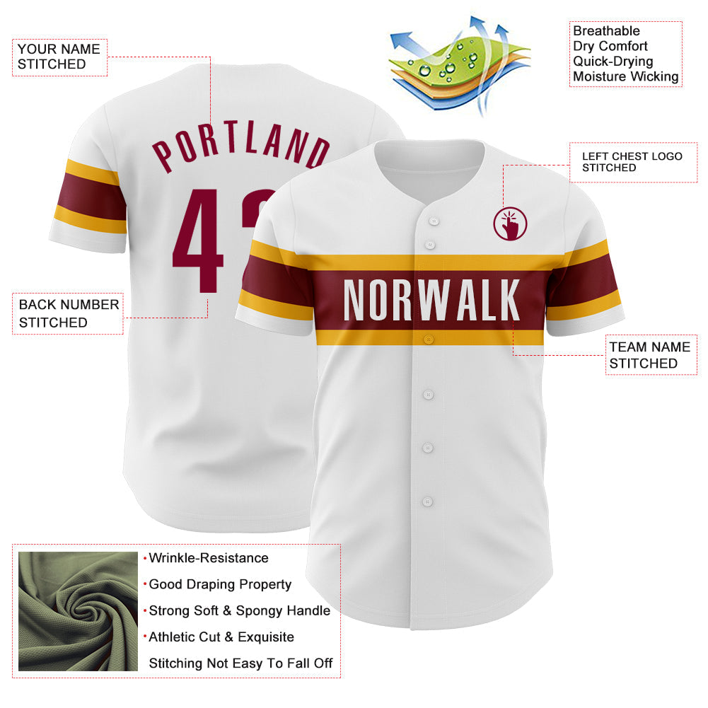 Custom White Maroon-Gold Authentic Baseball Jersey view 3