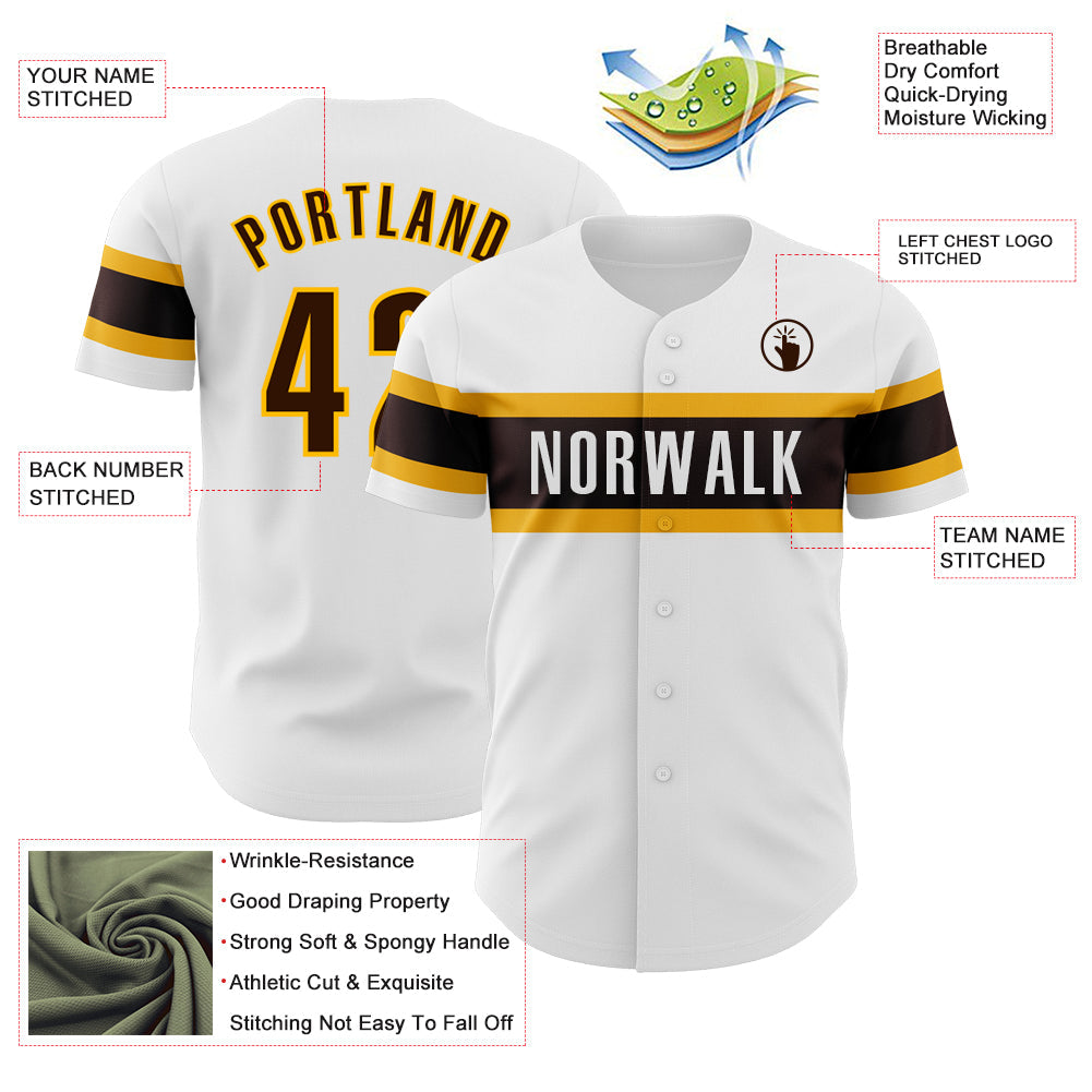 Custom White Brown-Gold Authentic Baseball Jersey view 3