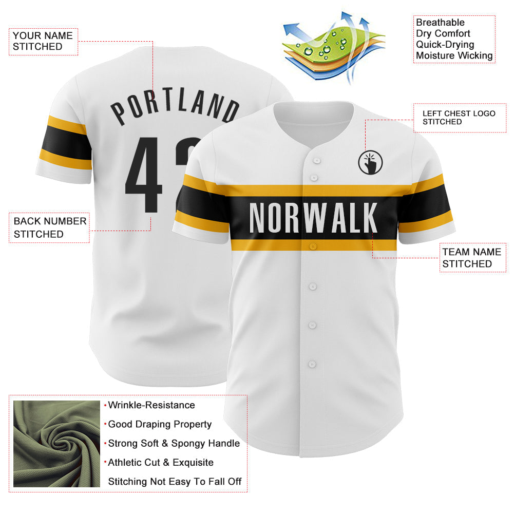 Custom White Black-Gold Authentic Baseball Jersey view 3