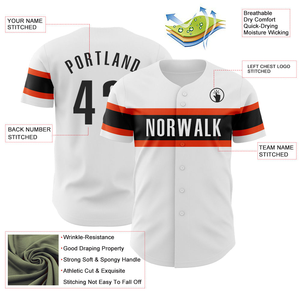 Custom White Black-Orange Authentic Baseball Jersey view 3