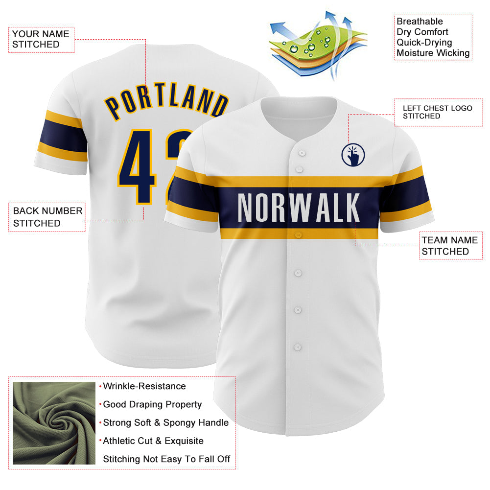 Custom White Navy-Gold Authentic Baseball Jersey view 3