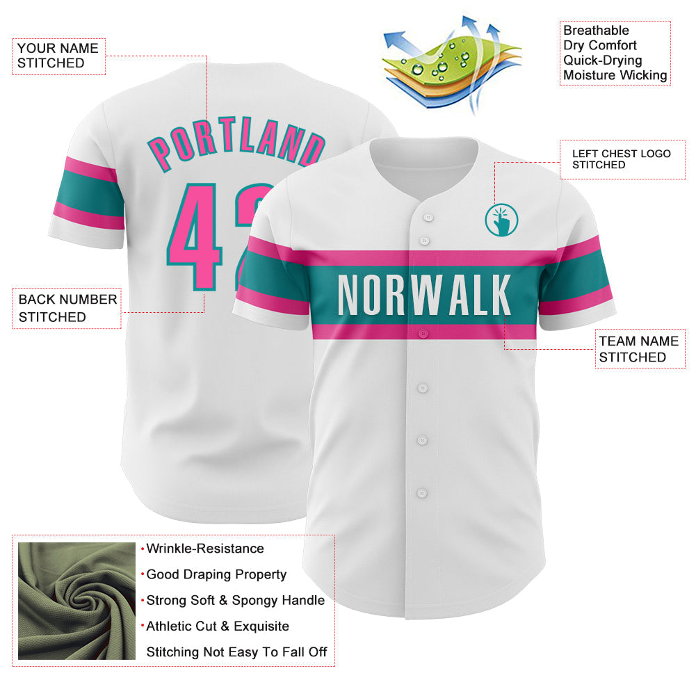 Custom White Pink-Teal Authentic Baseball Jersey view 3