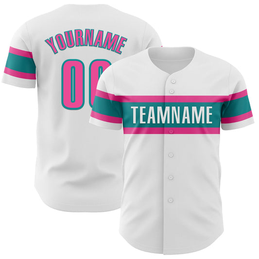 Custom White Pink-Teal Authentic Baseball Jersey - Main View