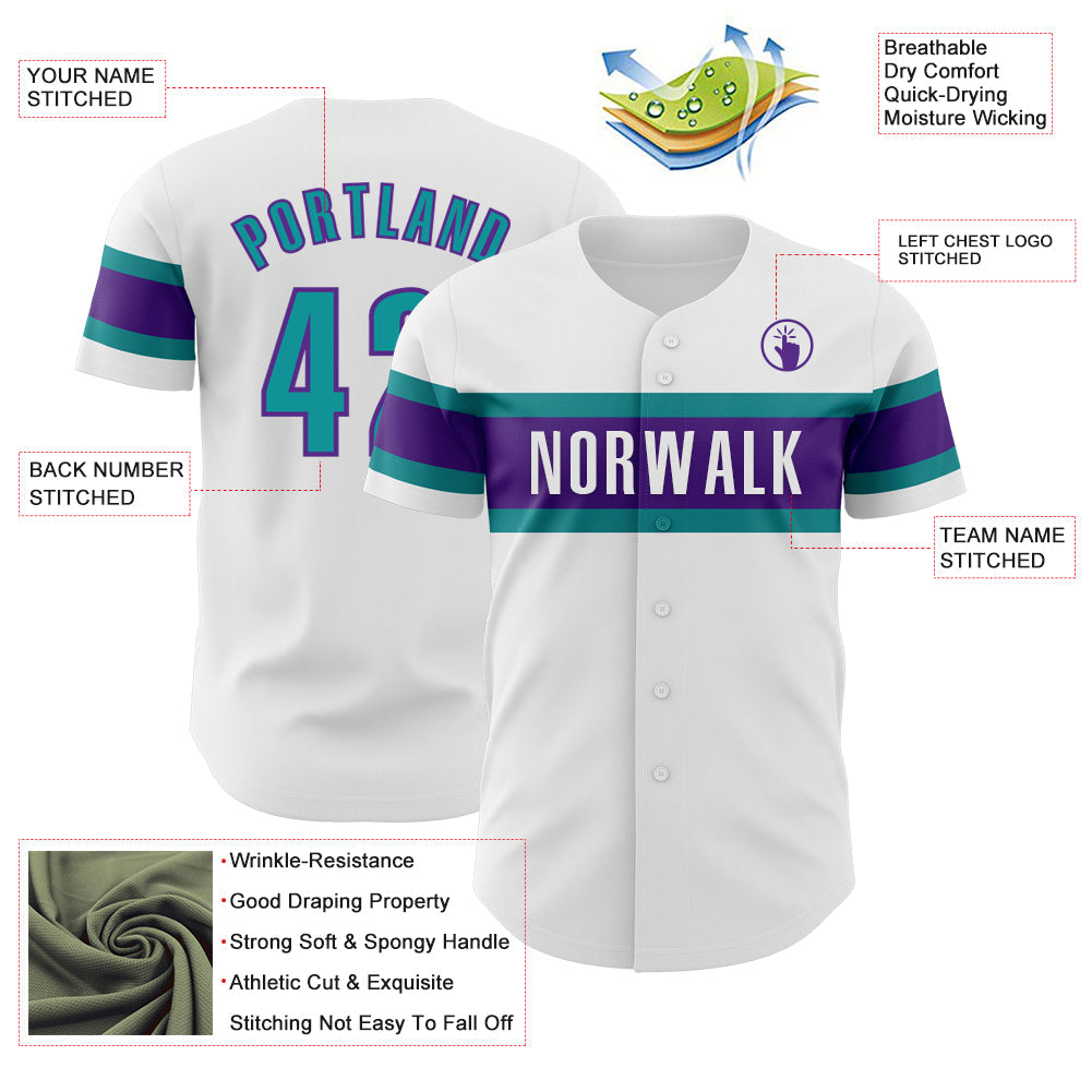 Custom White Teal-Purple Authentic Baseball Jersey view 3