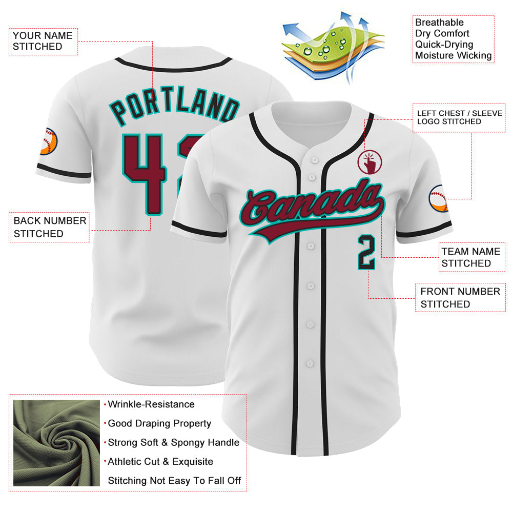 Custom White Crimson Black-Aqua Authentic Baseball Jersey view 3