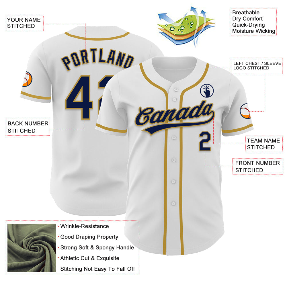 Custom White Navy-Old Gold Authentic Baseball Jersey view 3