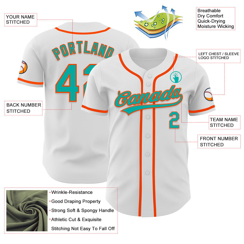 Custom White Aqua-Orange Authentic Baseball Jersey view 3