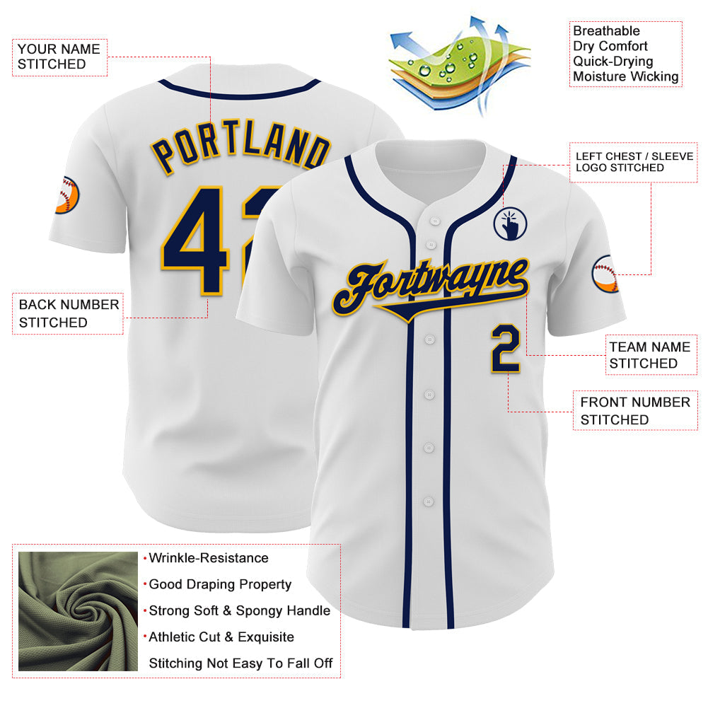 Custom White Navy-Gold Authentic Baseball Jersey view 3