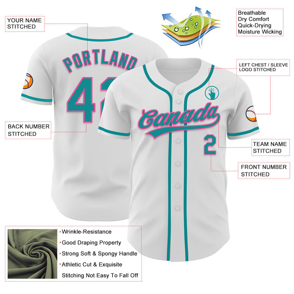 Custom White Teal-Pink Authentic Baseball Jersey view 3