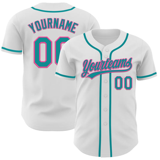 Custom White Teal-Pink Authentic Baseball Jersey - Main View