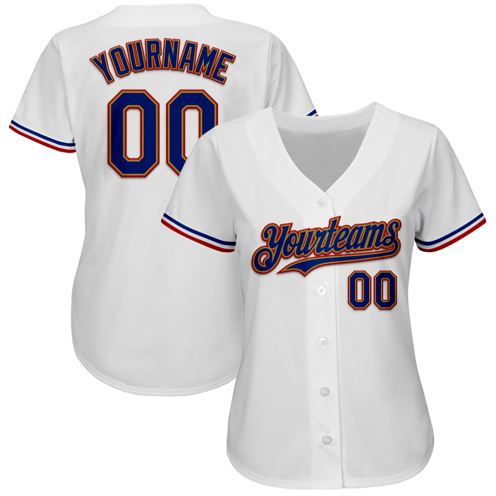 Custom White Royal Old Gold-Red Authentic Baseball Jersey view 2