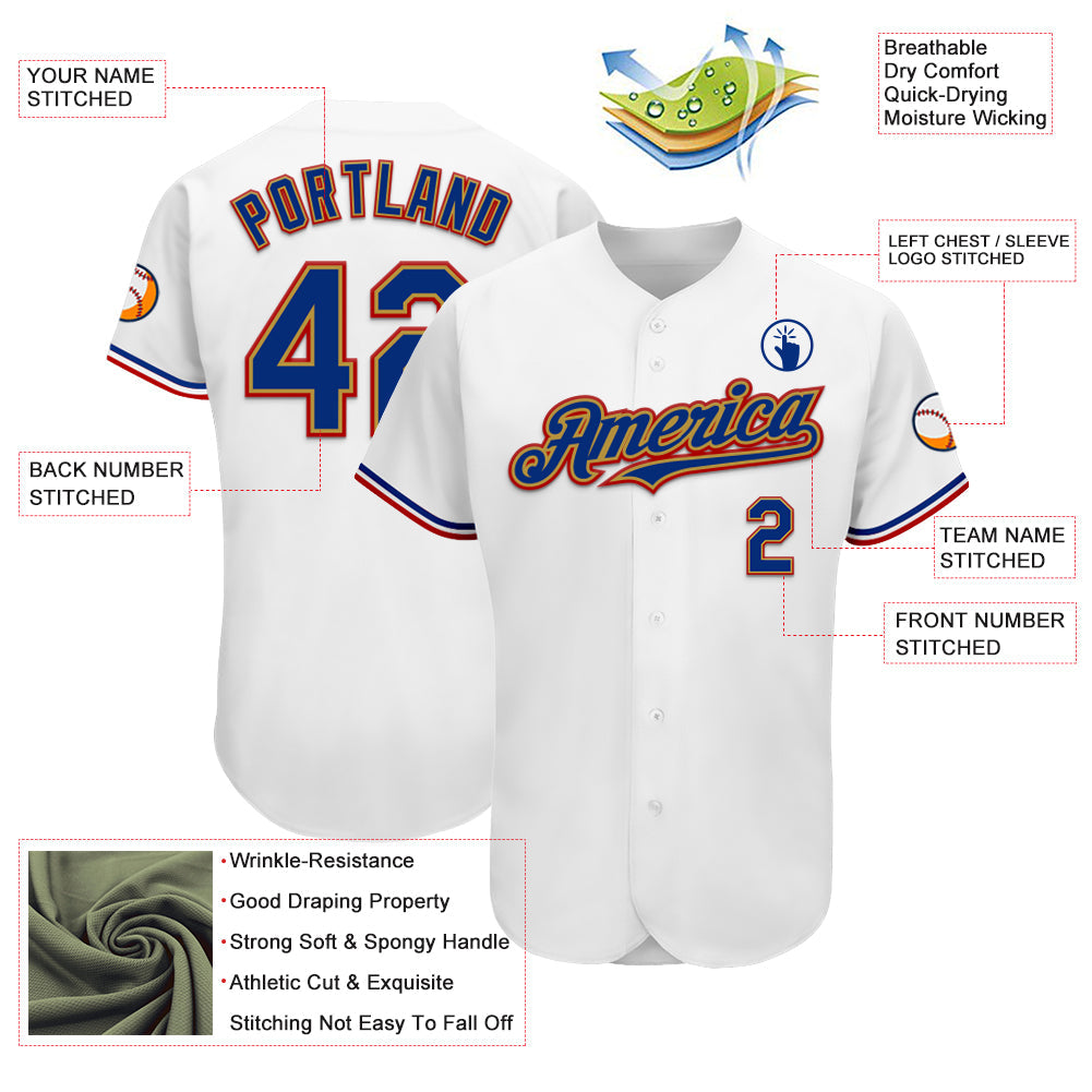 Custom White Royal Old Gold-Red Authentic Baseball Jersey view 3