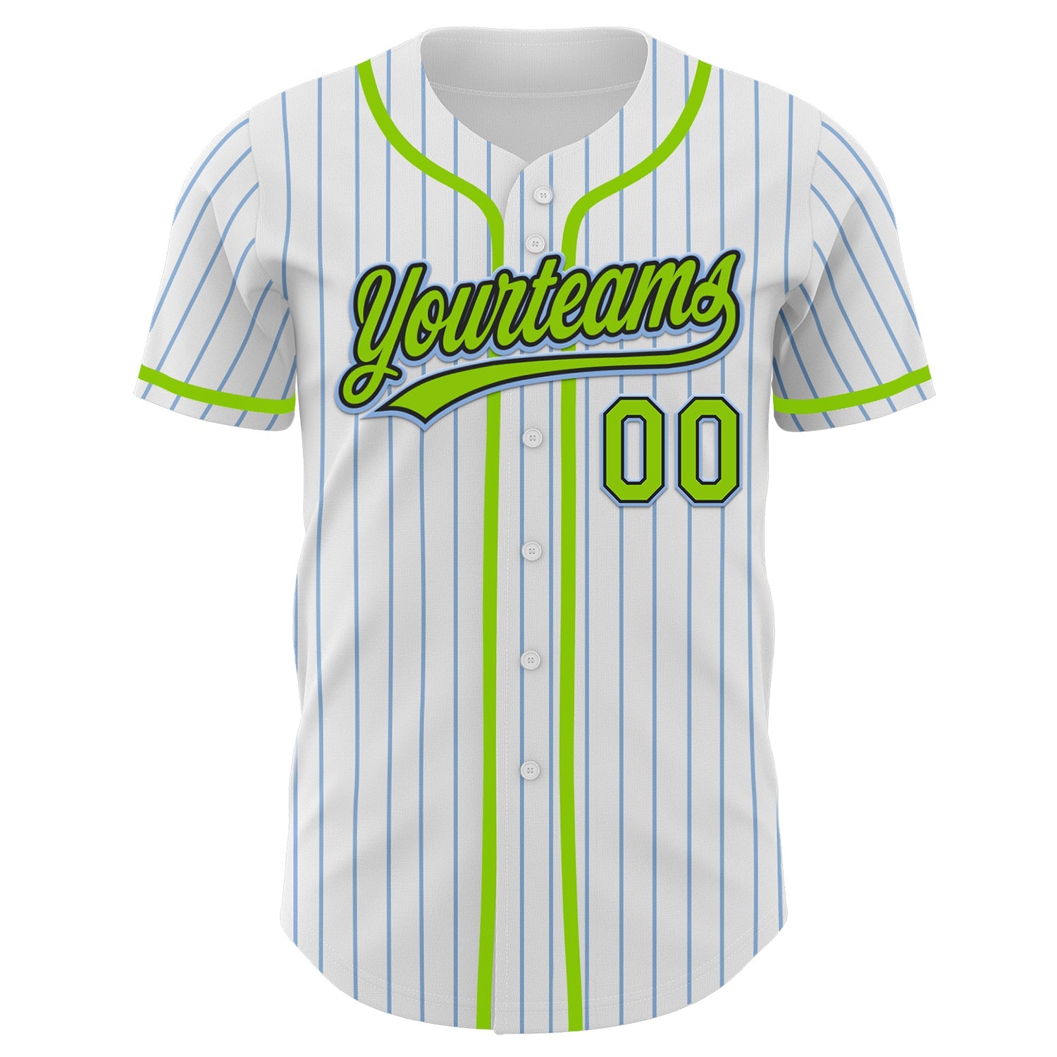 Custom White Light Blue Pinstripe Neon Green-Black Authentic Baseball Jersey view 2