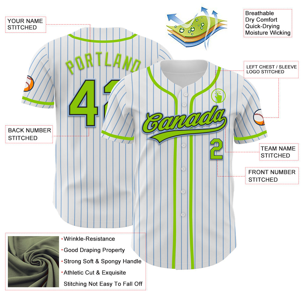 Custom White Light Blue Pinstripe Neon Green-Black Authentic Baseball Jersey view 3