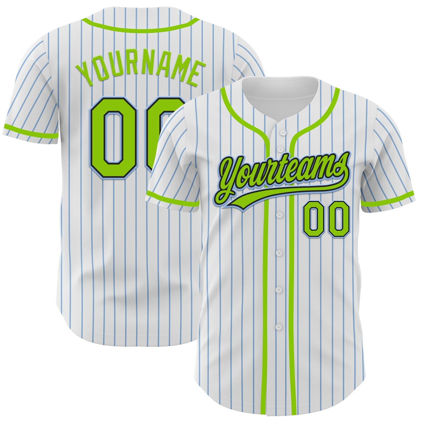 Custom White Light Blue Pinstripe Neon Green-Black Authentic Baseball Jersey - Main View