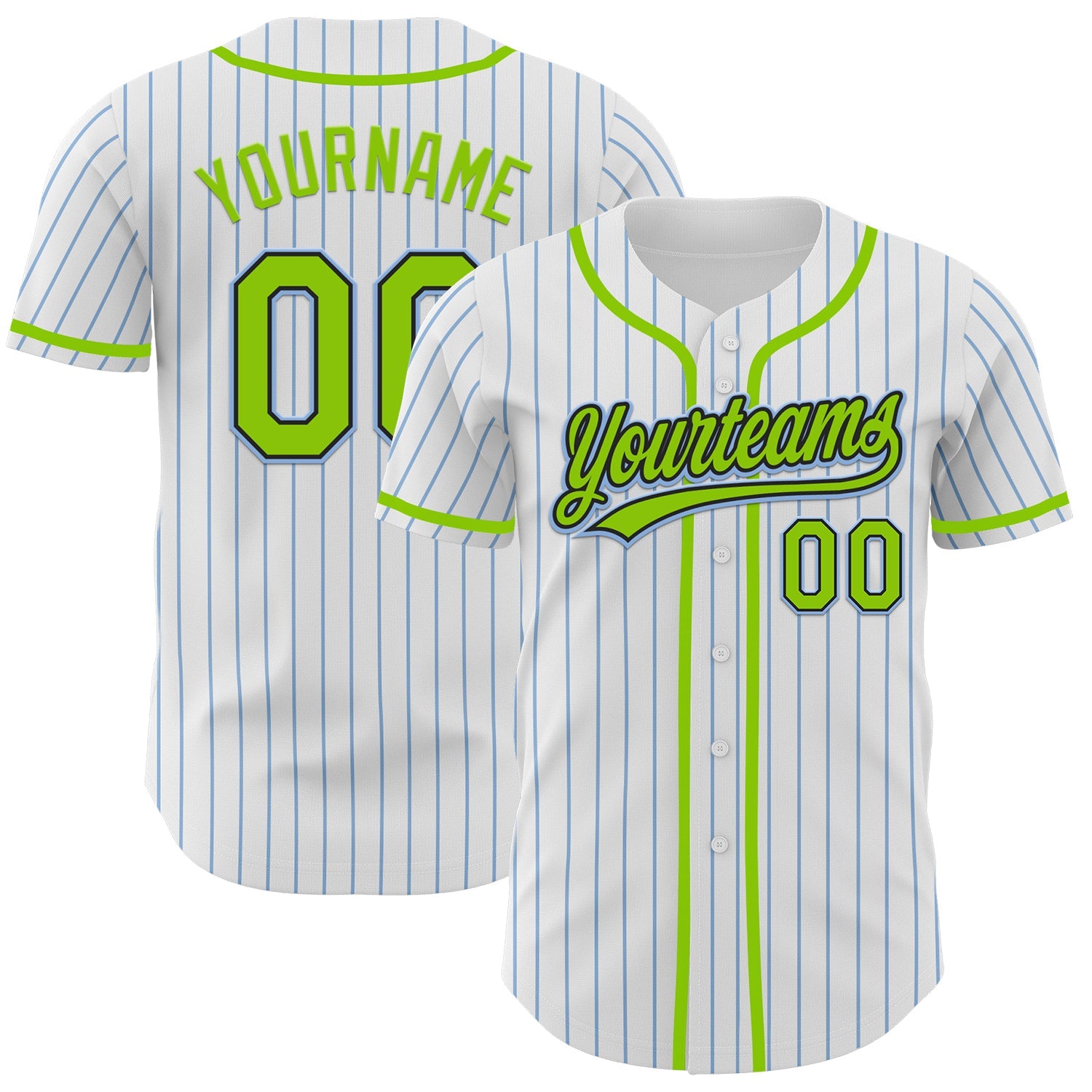 Custom White Light Blue Pinstripe Neon Green-Black Authentic Baseball Jersey - Main View