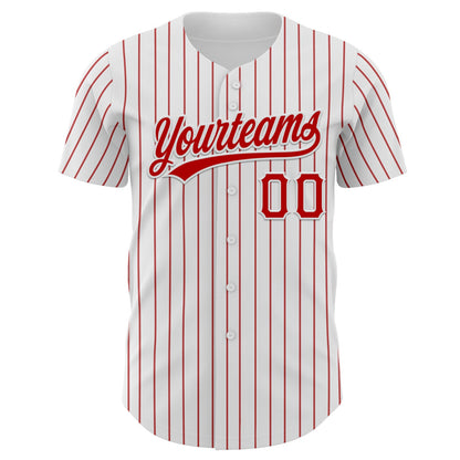 Custom White Red Pinstripe Red Authentic Baseball Jersey view 2