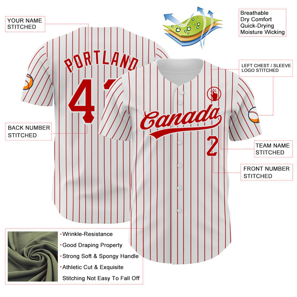 Custom White Red Pinstripe Red Authentic Baseball Jersey view 3