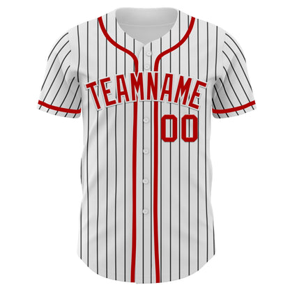 Custom White Black Pinstripe Red Authentic Baseball Jersey view 2