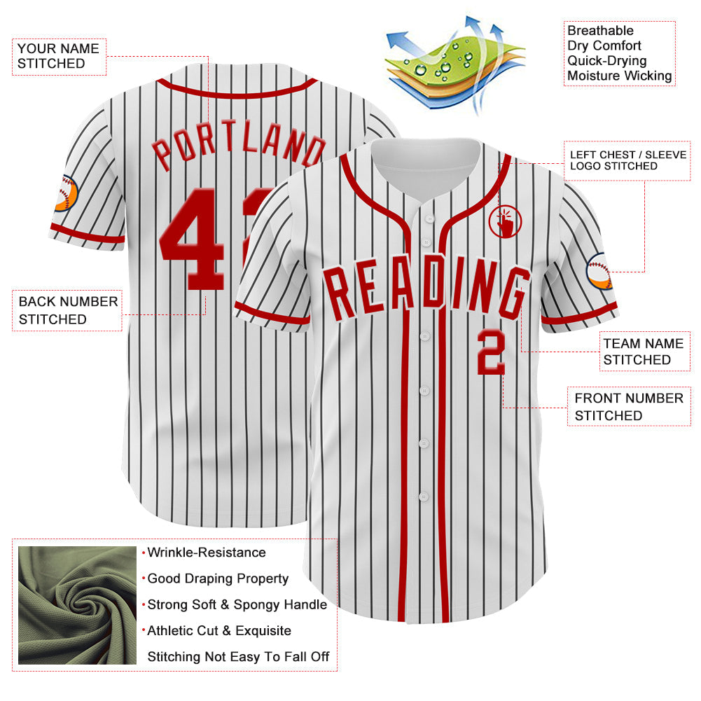 Custom White Black Pinstripe Red Authentic Baseball Jersey view 3