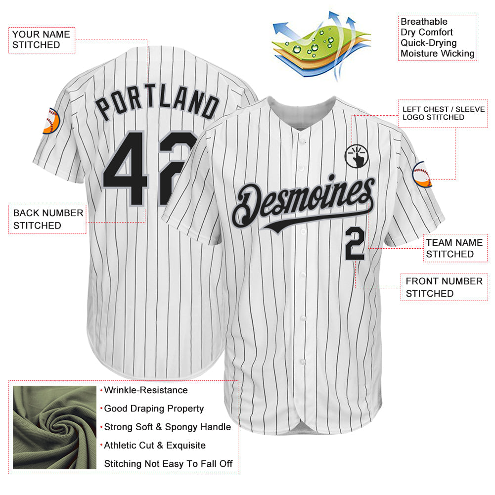 Custom White Black Pinstripe Gray Authentic Baseball Jersey view 3