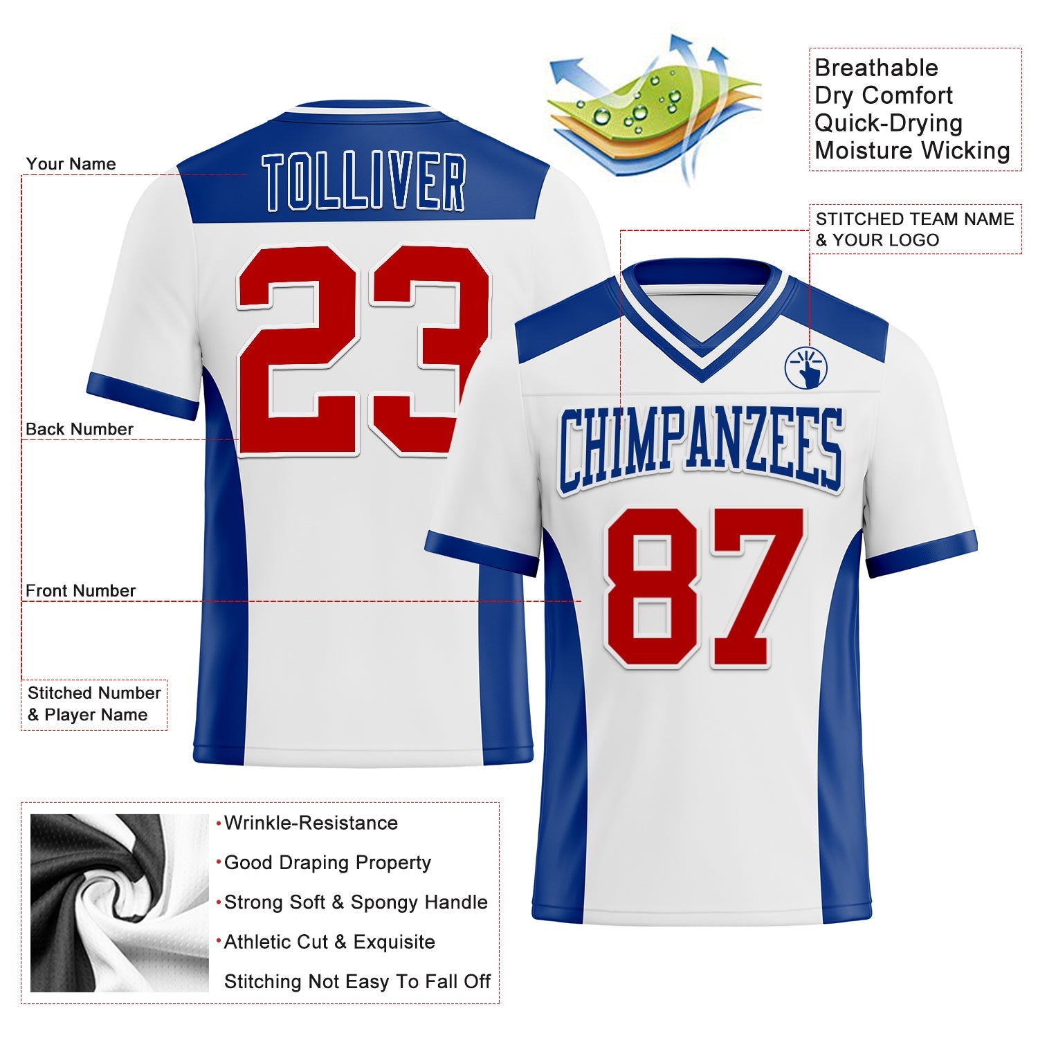 Custom White Red-Royal Authentic Football Jersey view 3