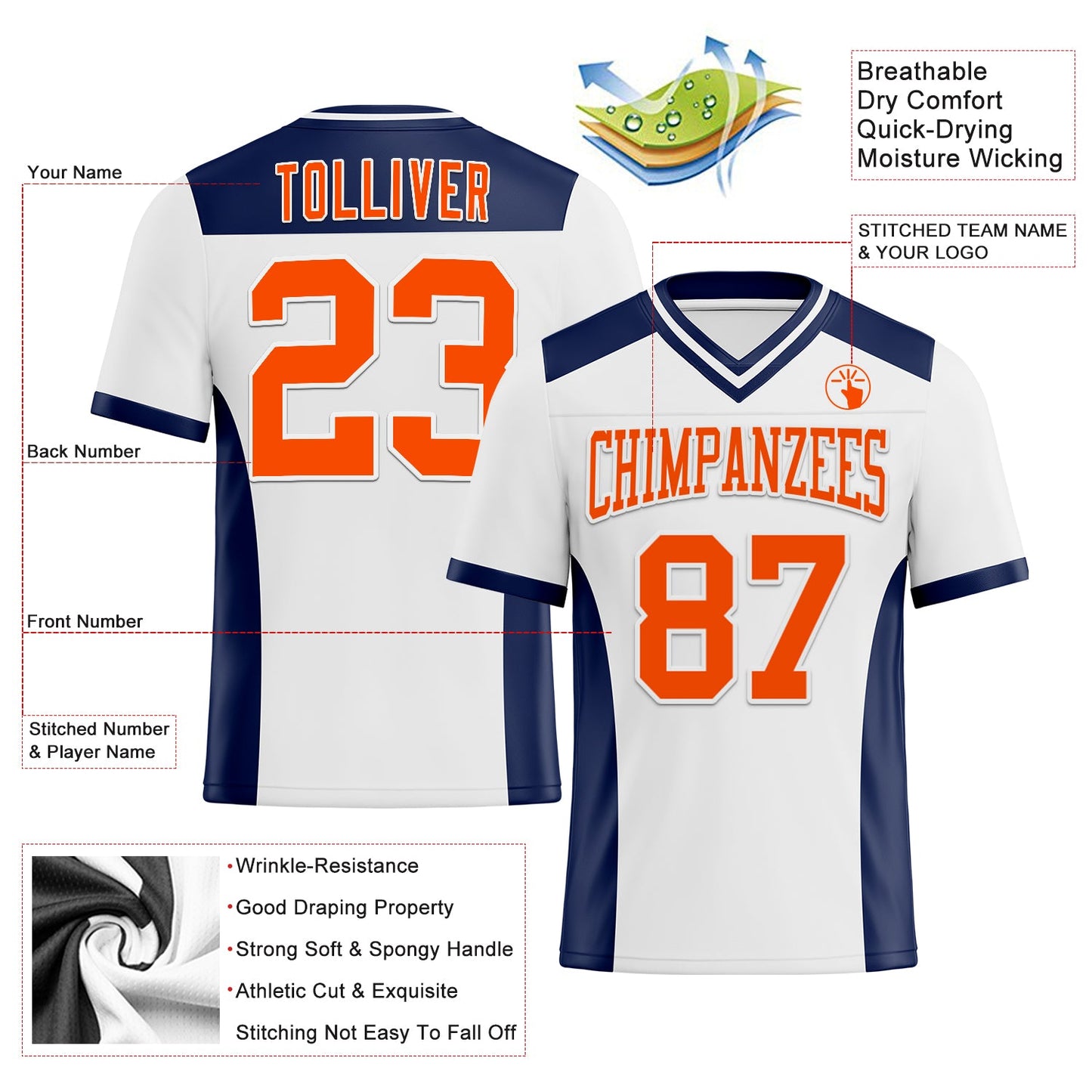 Custom White Orange-Navy Authentic Football Jersey view 3