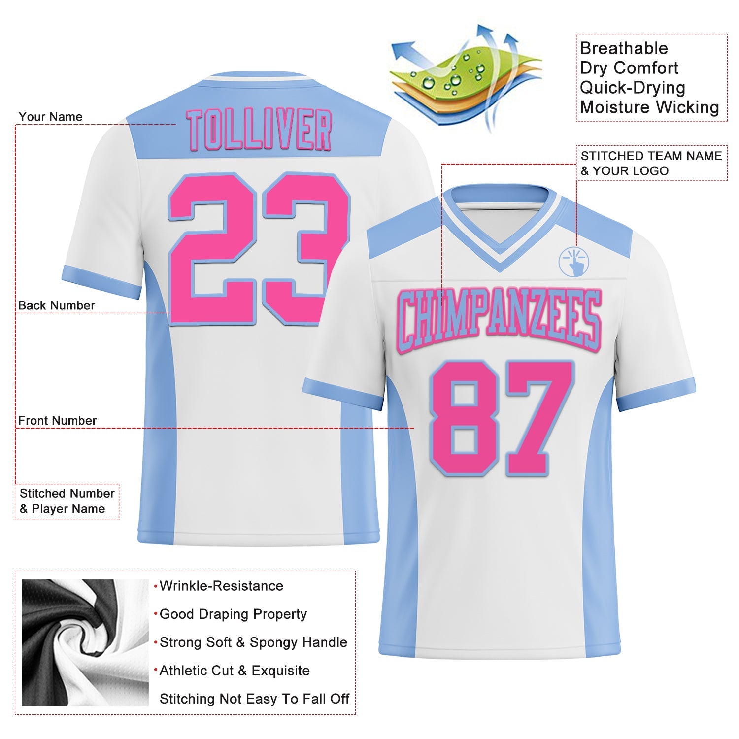 Custom White Pink-Light Blue Authentic Football Jersey view 3