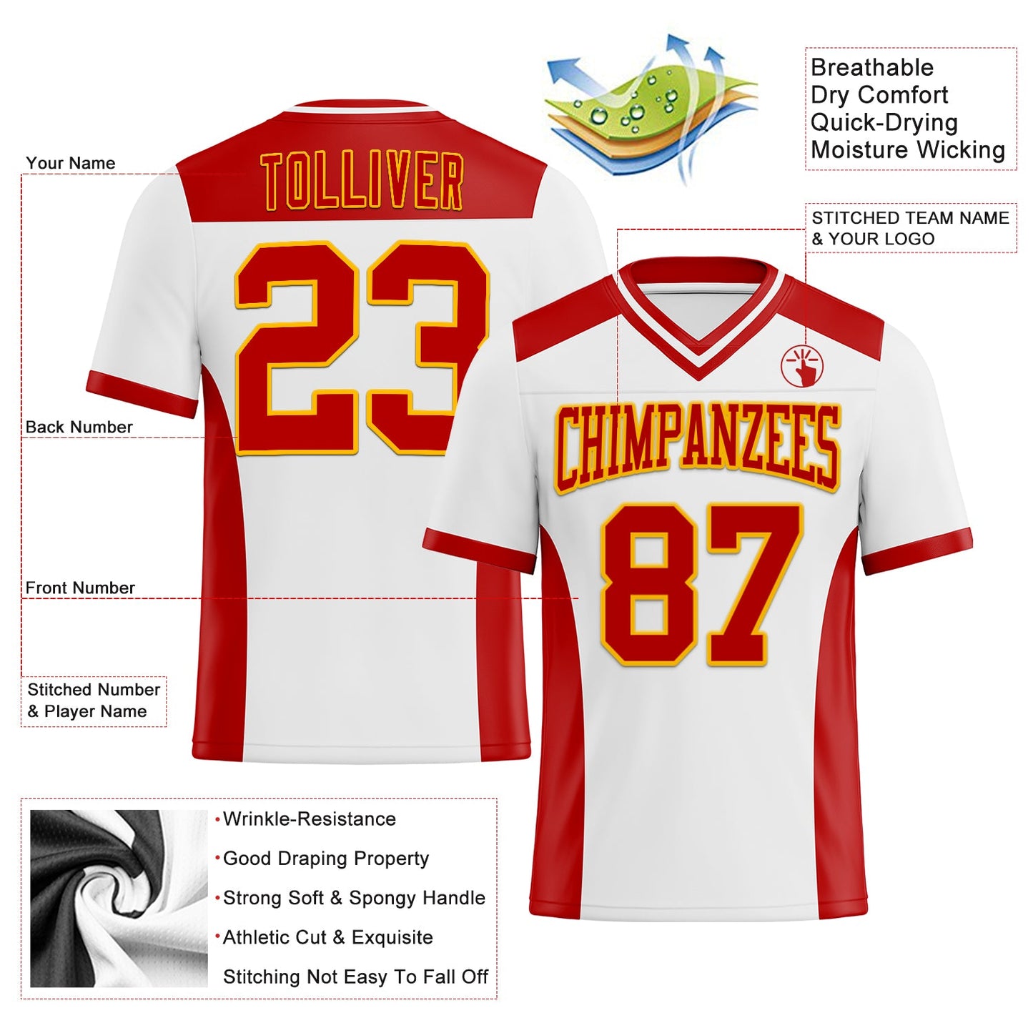 Custom White Red-Gold Authentic Football Jersey view 3