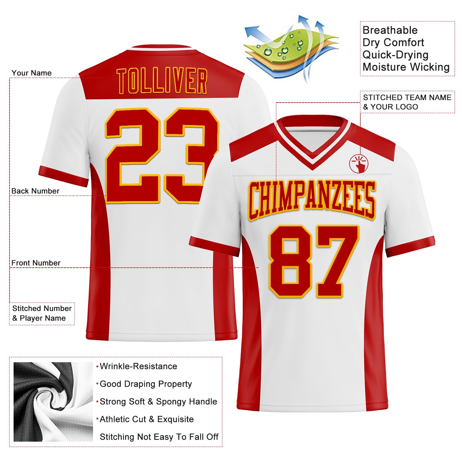 Custom White Red-Gold Authentic Football Jersey view 3