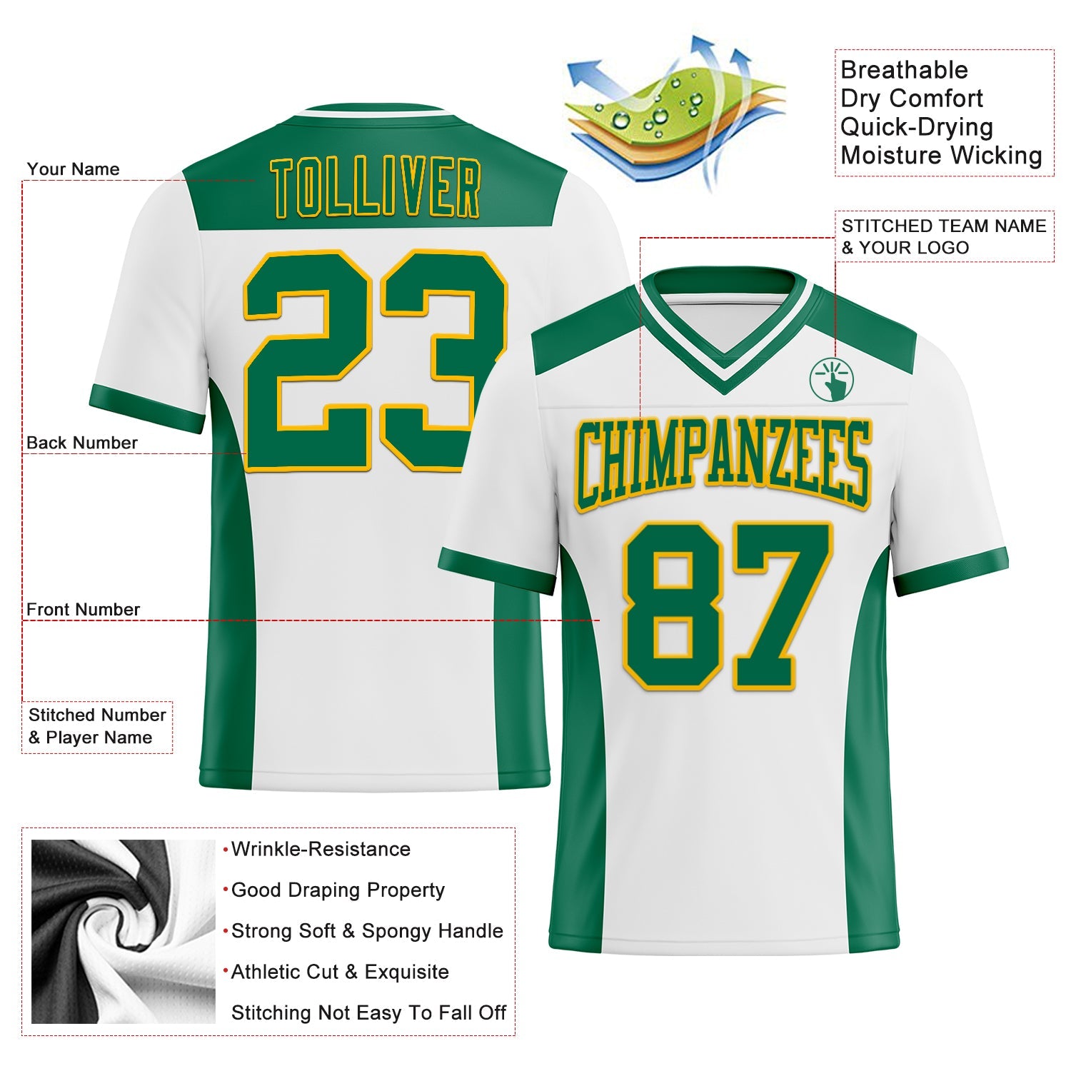 Custom White Kelly Green-Gold Authentic Football Jersey view 3