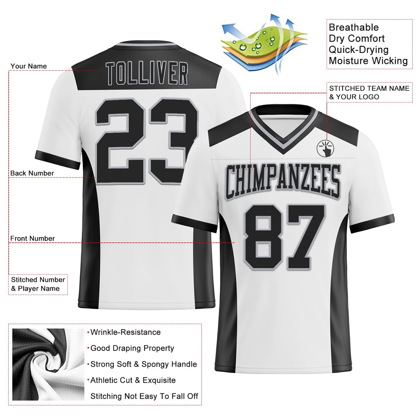 Custom White Black-Gray Authentic Football Jersey view 3
