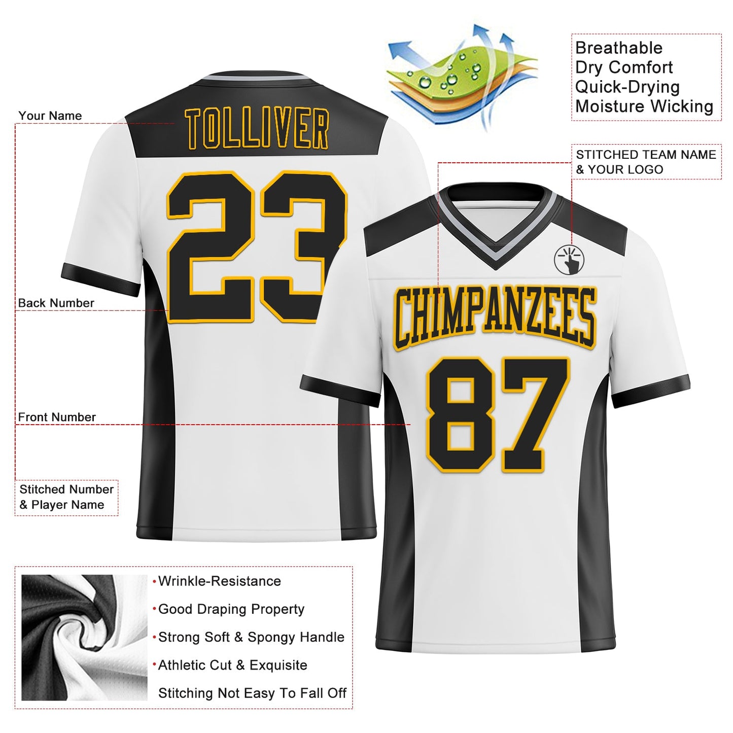 Custom White Black-Gold Authentic Football Jersey view 3