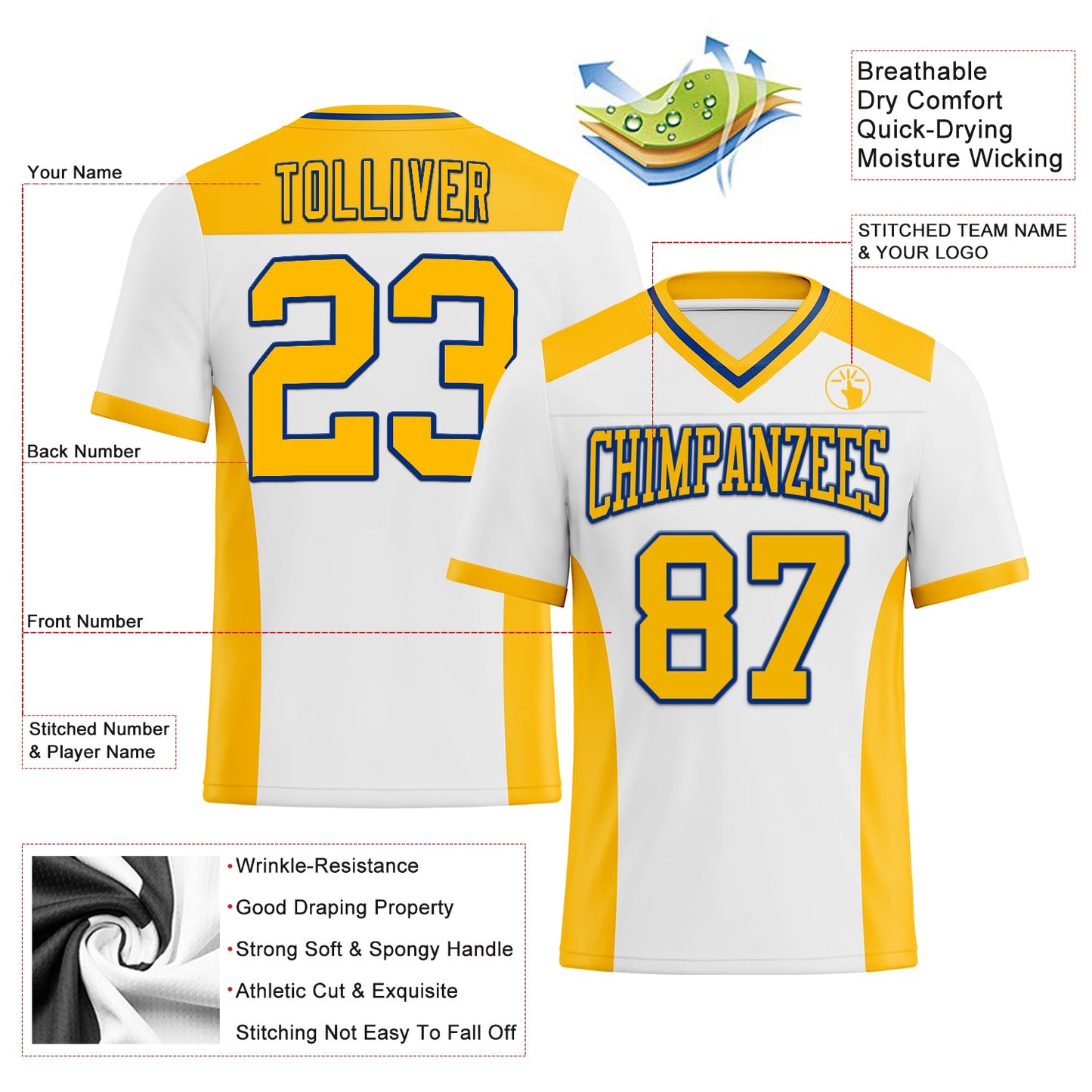 Custom White Gold-Royal Authentic Football Jersey view 3