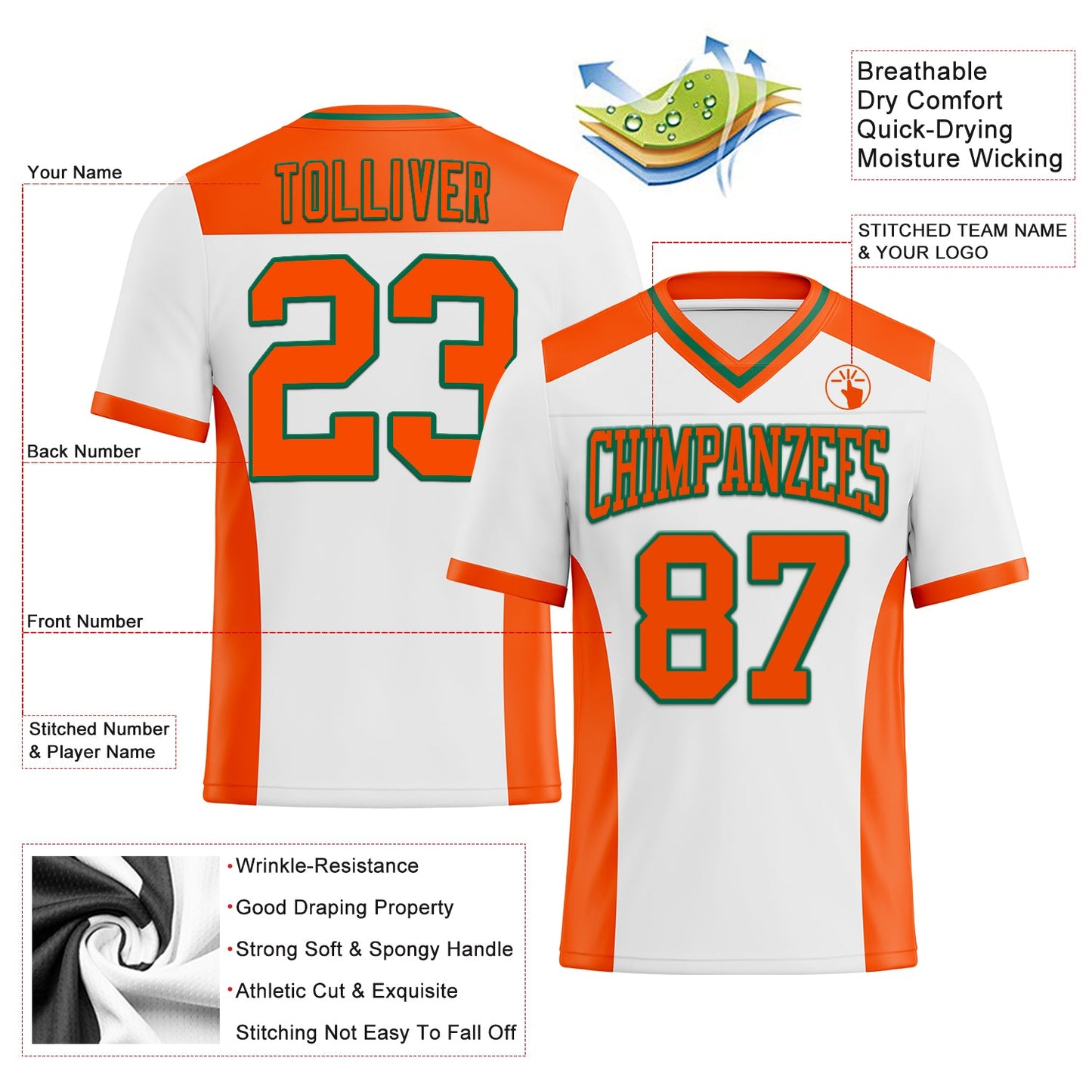 Custom White Orange-Kelly Green Authentic Football Jersey view 3