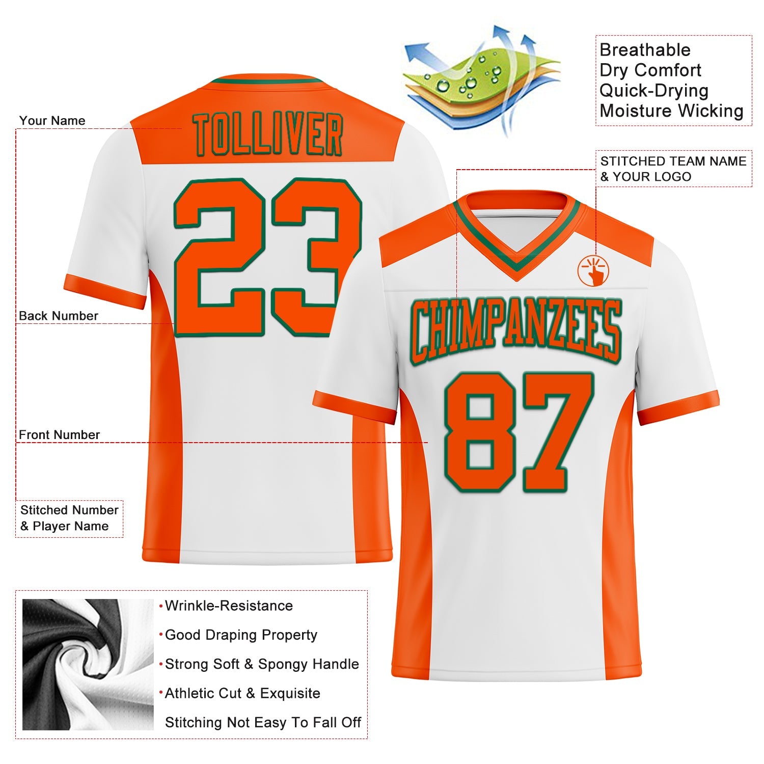 Custom White Orange-Kelly Green Authentic Football Jersey view 3