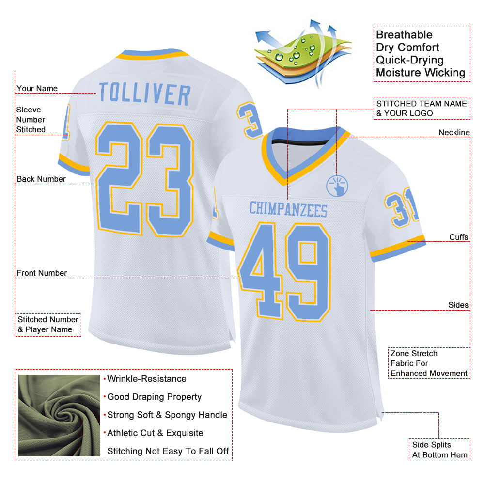 Custom White Light Blue-Gold Mesh Authentic Throwback Football Jersey view 2